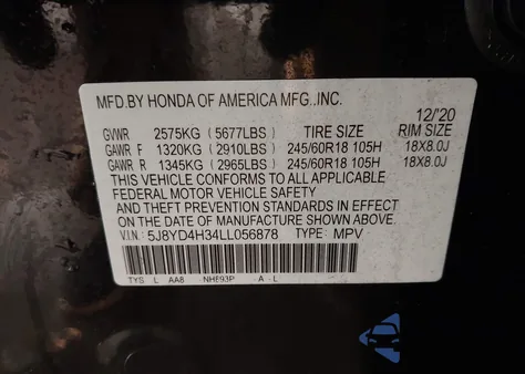 2020 Acura Mdx Standard z USA, uszkodzony, nr VIN 5J8YD4H34LL056878